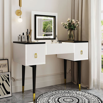 43.3" Modern Vanity Table Set With Flip Top Mirror And Led Light, Dres 43.3" Modern Vanity Table Set With Flip Top Mirror And Led Light, Dres