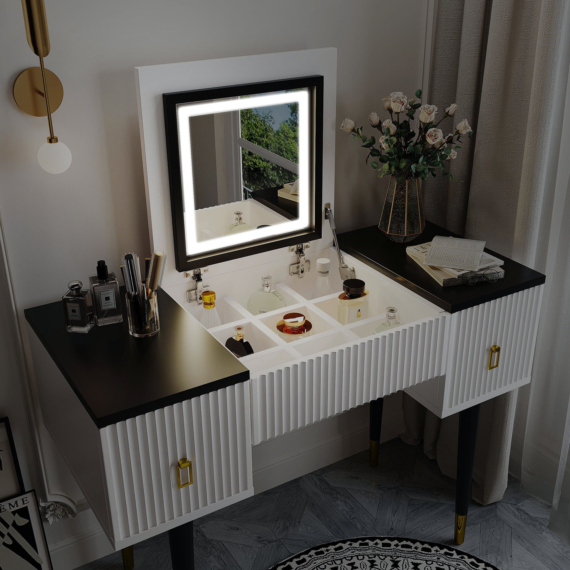 modern dressing table set Paproos Vanity Set with 3 Color Lighted Mirror, Modern Makeup Vanity Table with Charging Station and Hair Dryer Rack, Bedroom Dressing Table with 3