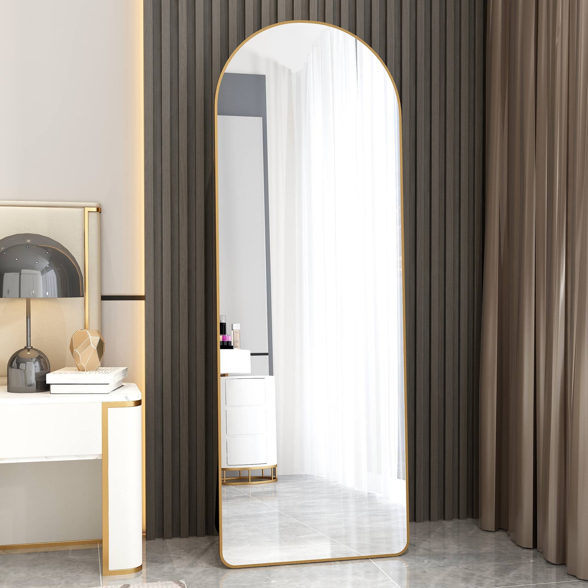 The 3Rd Generation Aluminum Alloy Metal Frame Arched Floor Mounted Wall Mirror, Upgraded In Quality, Bathroom Makeup Mirror, Bedroom Entrance, Clothing Store, Gold 65 "* 23 "W1151121956 Golden Glass