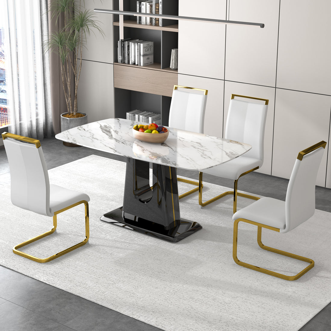 1 Table And 4 Chairs. Modern, Simple And Luxurious White Imitation Marble Rectangular Dining Table And Desk With 4 White Pu Gold Plated Leg Chairs 63'' X 35.4'' X 30'' White Black Mdf