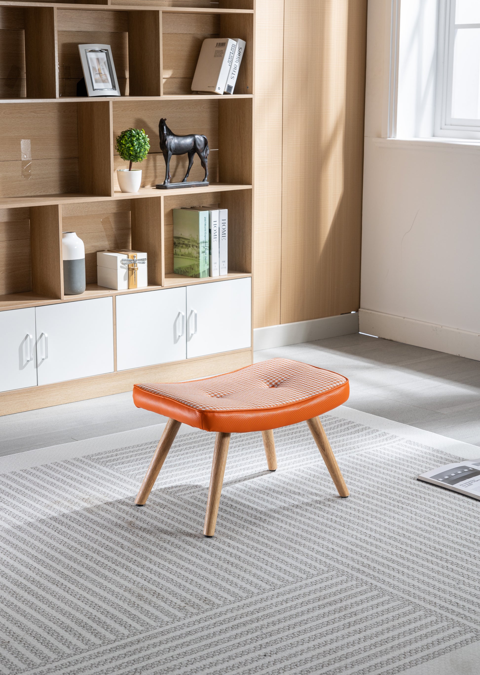 Wooden Step Ottoman,Wooden Step Stool For Adults,Square Cushion Foot Stool,Small Stool With Non Slip Pad,Wood Stool Suitable For Bedroom, Living Room And Kitchen Orange Orange Foam Cotton Linen