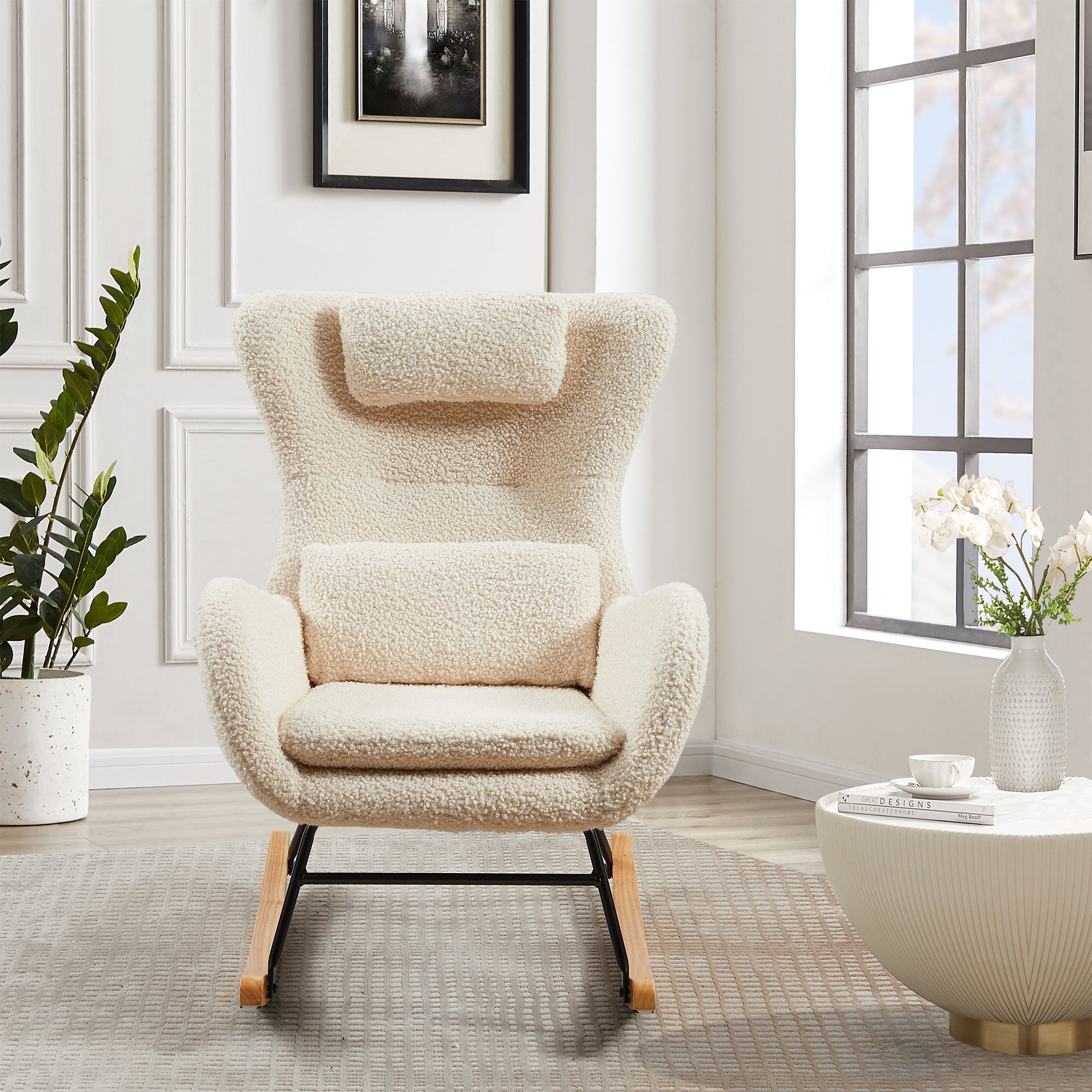 Rocking Chair Nursery, Modern Rocking Chair with High beige-polyurethane foam-fabric