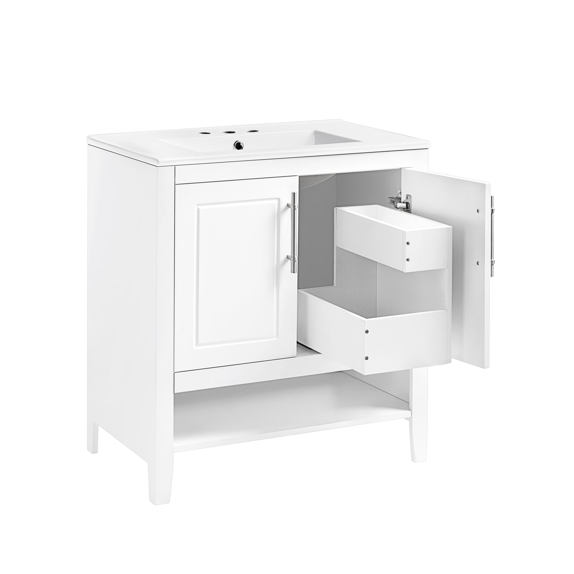 30" Bathroom Vanity With Sink, Multi Functional Bathroom Cabinet With Doors And Drawers, Solid Frame And Mdf Board, White White Solid Wood Mdf