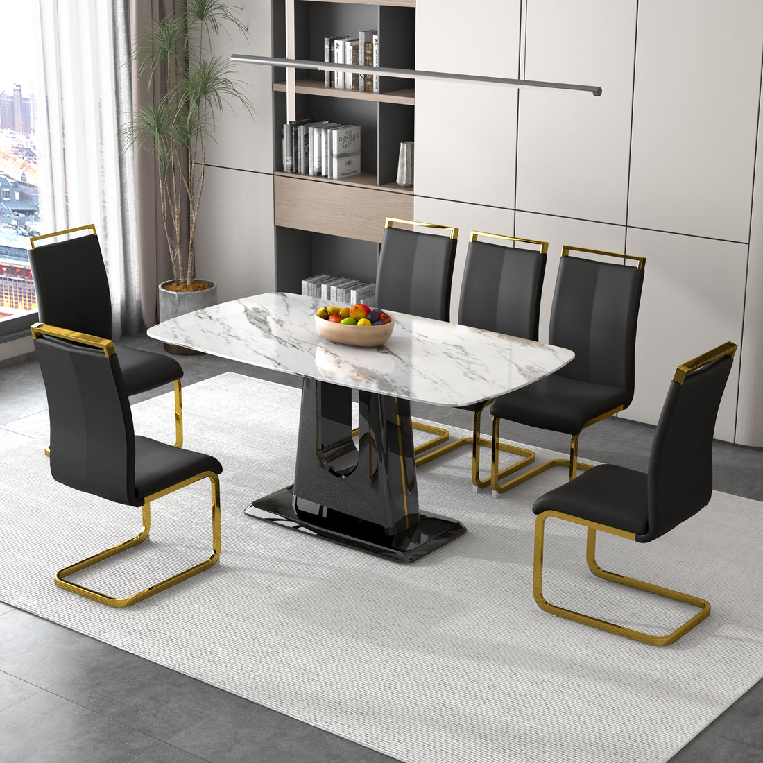 1 Table And 6 Chairs. Modern, Simple And Luxurious White Imitation Marble Rectangular Dining Table And Desk With 6 Black Pu Gold Plated Leg Chairs 63'' X 35.4'' X 30'' White Black Mdf