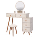 Makeup Vanity Table With Cushioned Stool, Large Capacity Storage Cabinet, 5 Drawers, Large Round Mirror, Fasionable Makeup Furniture 31.5