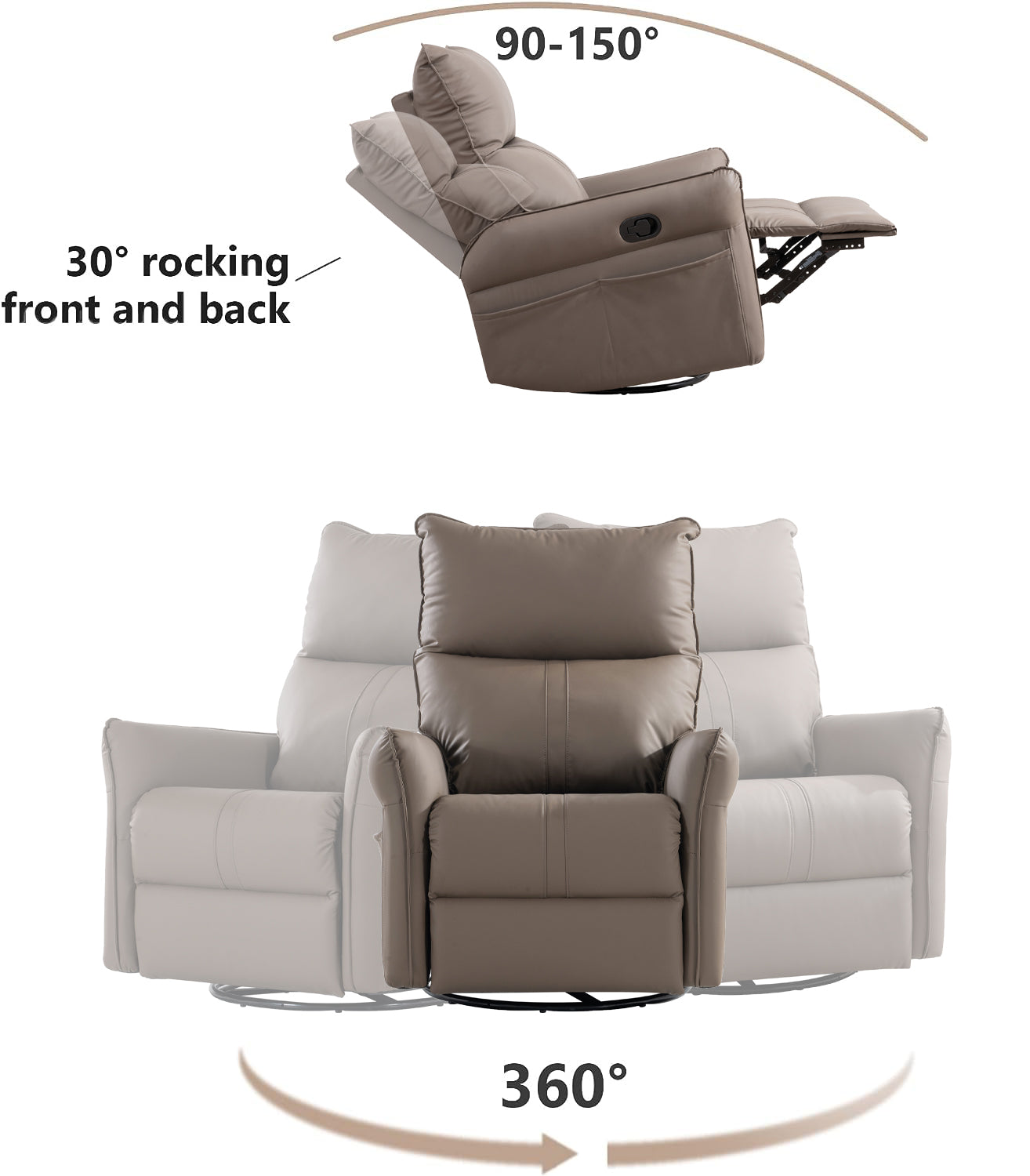 Rocking Recliner Chair,360 Degree Swivel Nursery Rocking Chair,Glider Chair,Modern Small Rocking Swivel Recliner Chair For Bedroom,Living Room Chair Home Theater Seat,Side Pocket Brown Solid Brown