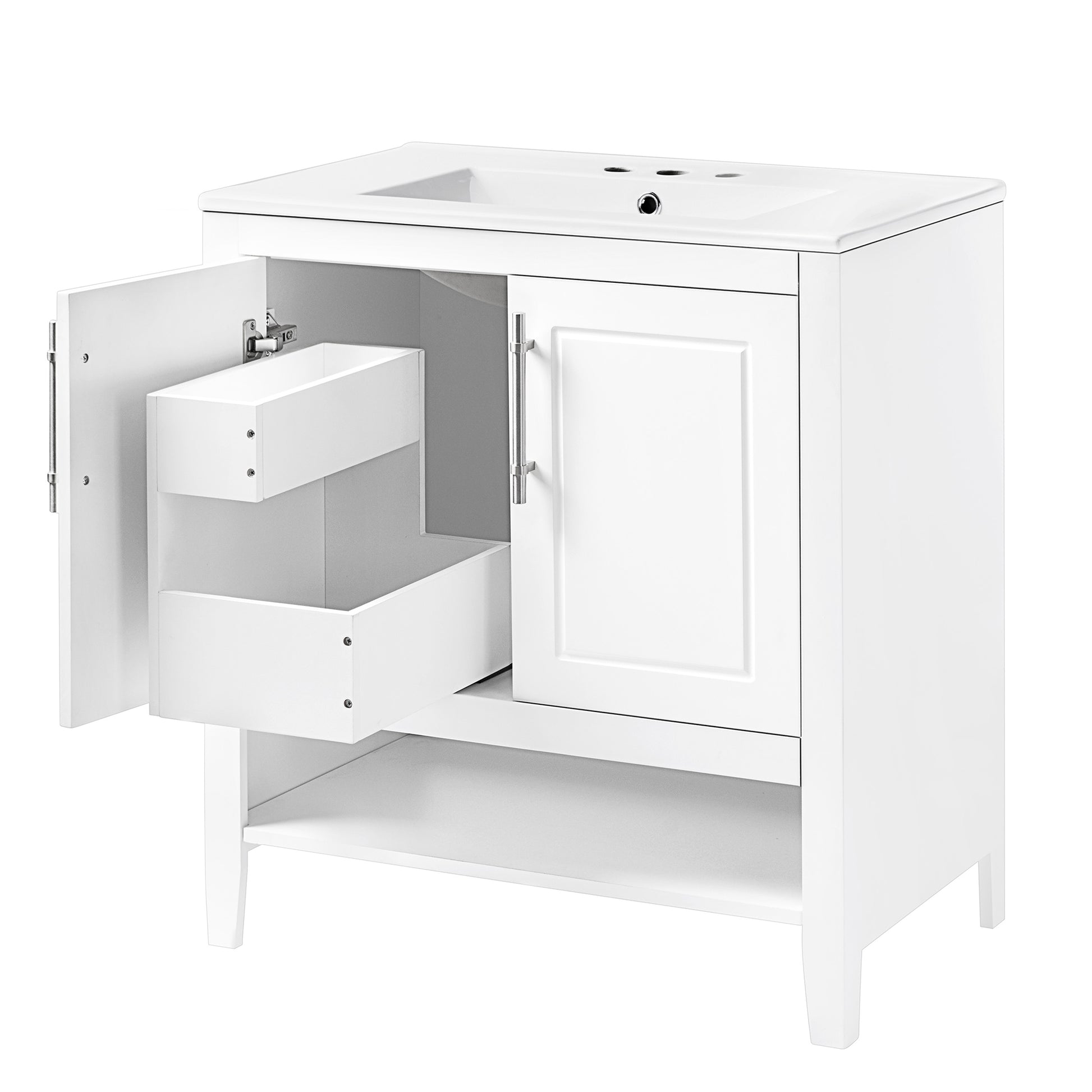 30" Bathroom Vanity With Sink, Multi Functional Bathroom Cabinet With Doors And Drawers, Solid Frame And Mdf Board, White White Solid Wood Mdf