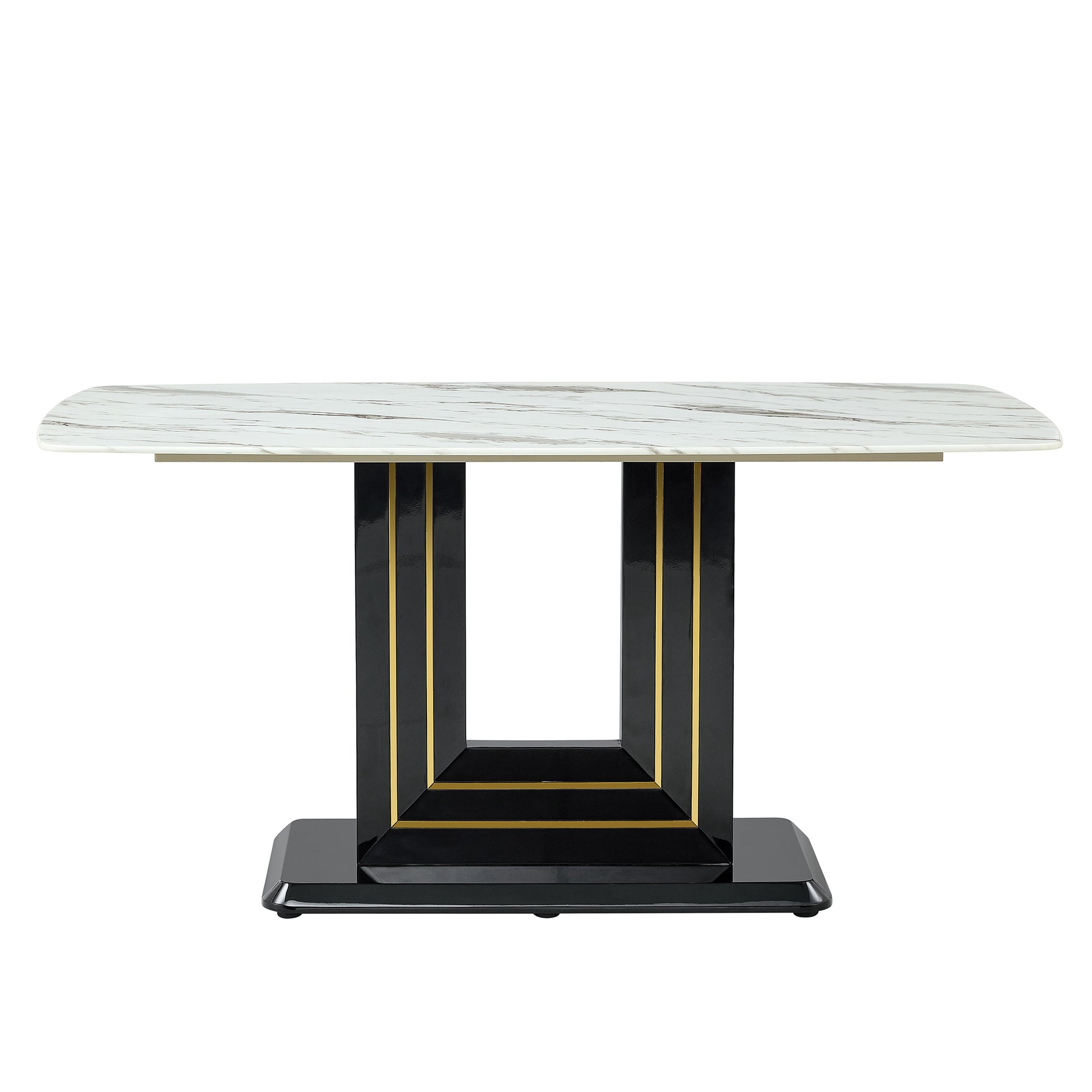 Dining Table. White Imitation Marble Pattern Desktop. Black Mdf Table Legs With Gold Lines And Black Base. Suitable For Kitchen Living Roomf Sq White Glass