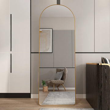 The 3Rd Generation Aluminum Alloy Metal Frame Arched Floor Mounted Wall Mirror, Upgraded In Quality, Bathroom Makeup Mirror, Bedroom Entrance, Clothing Store, Gold 65 "* 23 "W1151121956 Golden Glass