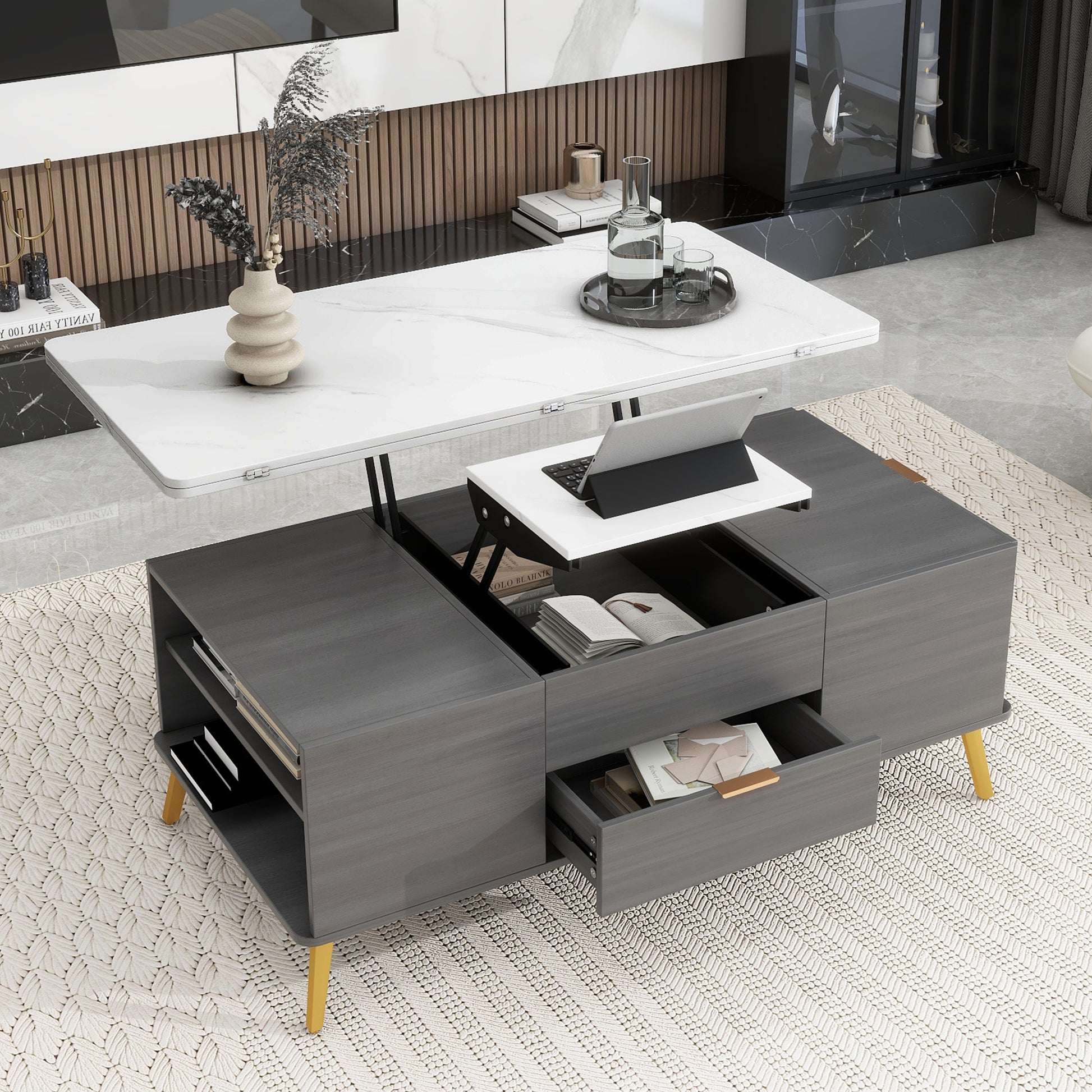 Modern Lift Top Coffee Table Multi Functional Table white+gray-mdf+steel