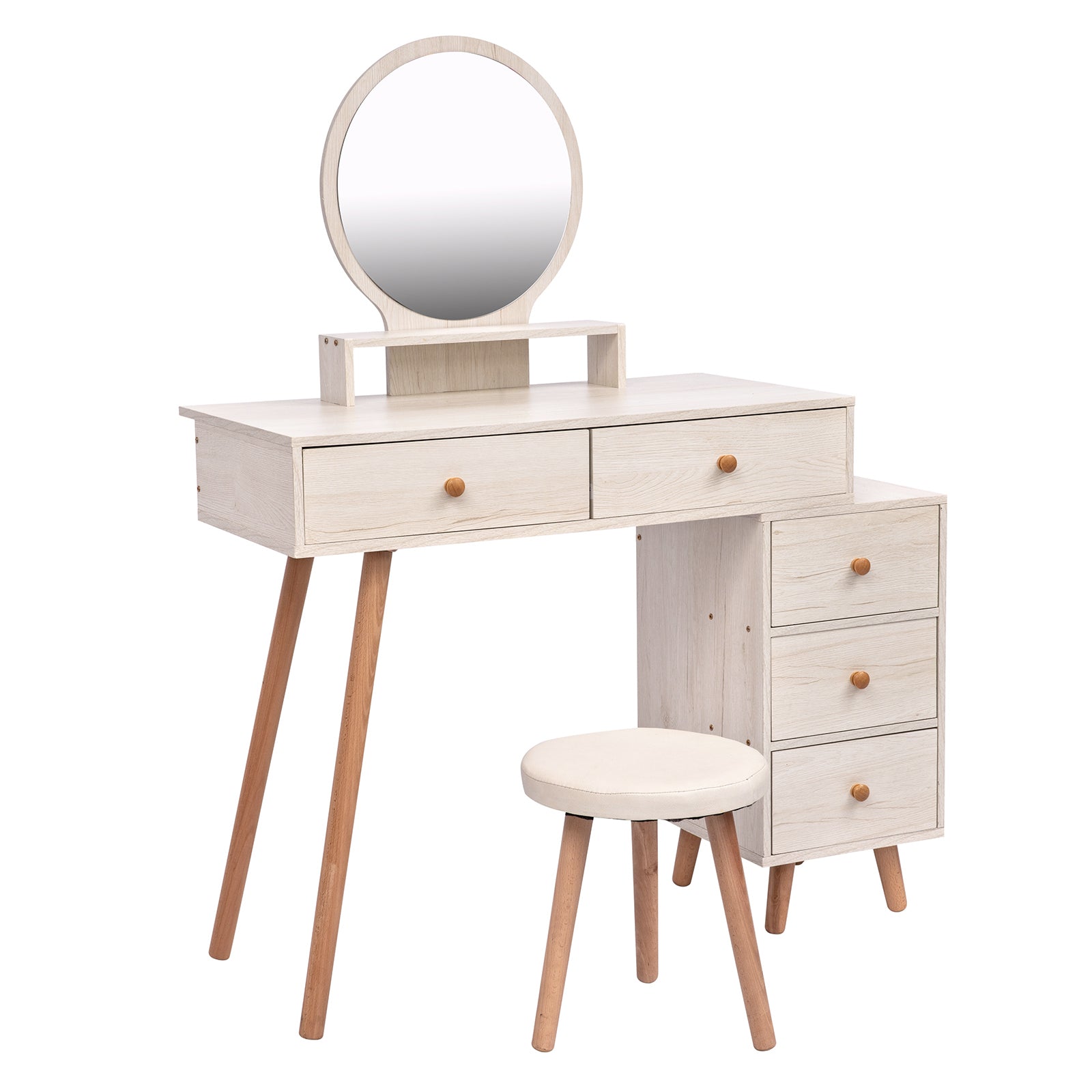 Makeup Vanity Table With Cushioned Stool, Large Capacity Storage Cabinet, 5 Drawers, Large Round Mirror, Fasionable Makeup Furniture 31.5" 43.2"L X 15.8"W X 48.1"H Length Adjustable Ameican White Oak Mdf