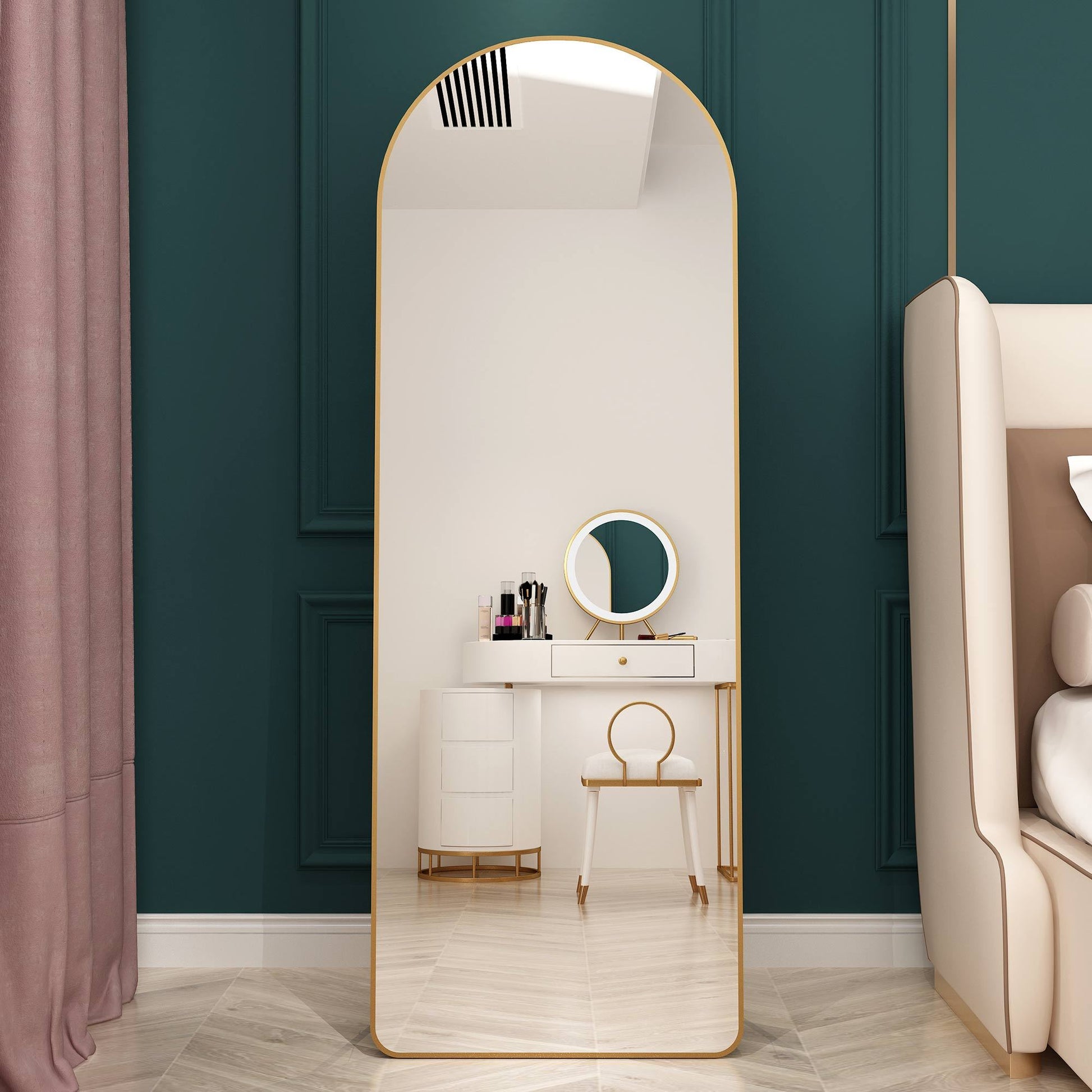 The 3Rd Generation Aluminum Alloy Metal Frame Arched Floor Mounted Wall Mirror, Upgraded In Quality, Bathroom Makeup Mirror, Bedroom Entrance, Clothing Store, Gold 65 "* 23 "W1151121956 Golden Glass