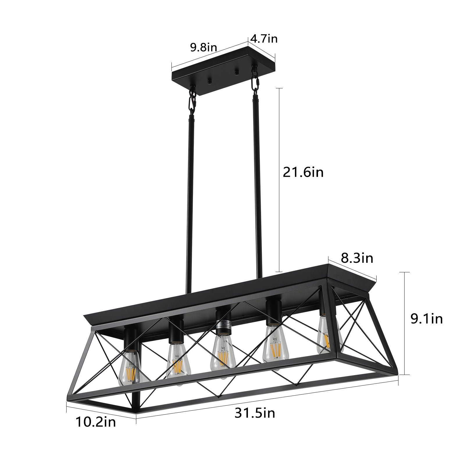 Same As W1340111200 L1006 5 Light Farmhouse Chandeliers For Dining Room, Metal Rustic Pendant Island Light Fixture, Modern Rectangular Island Lights For Kitchen, Living Room Pure Black No Bulbs Black Ceiling Lights Farmhouse Living Room Iron