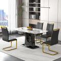 1 Table And 4 Chairs. Modern, Simple And Luxurious White Imitation Marble Rectangular Dining Table And Desk With 4 Black Pu Gold Plated Leg Chairs 63'' X 35.4'' X 30'' White Black Mdf