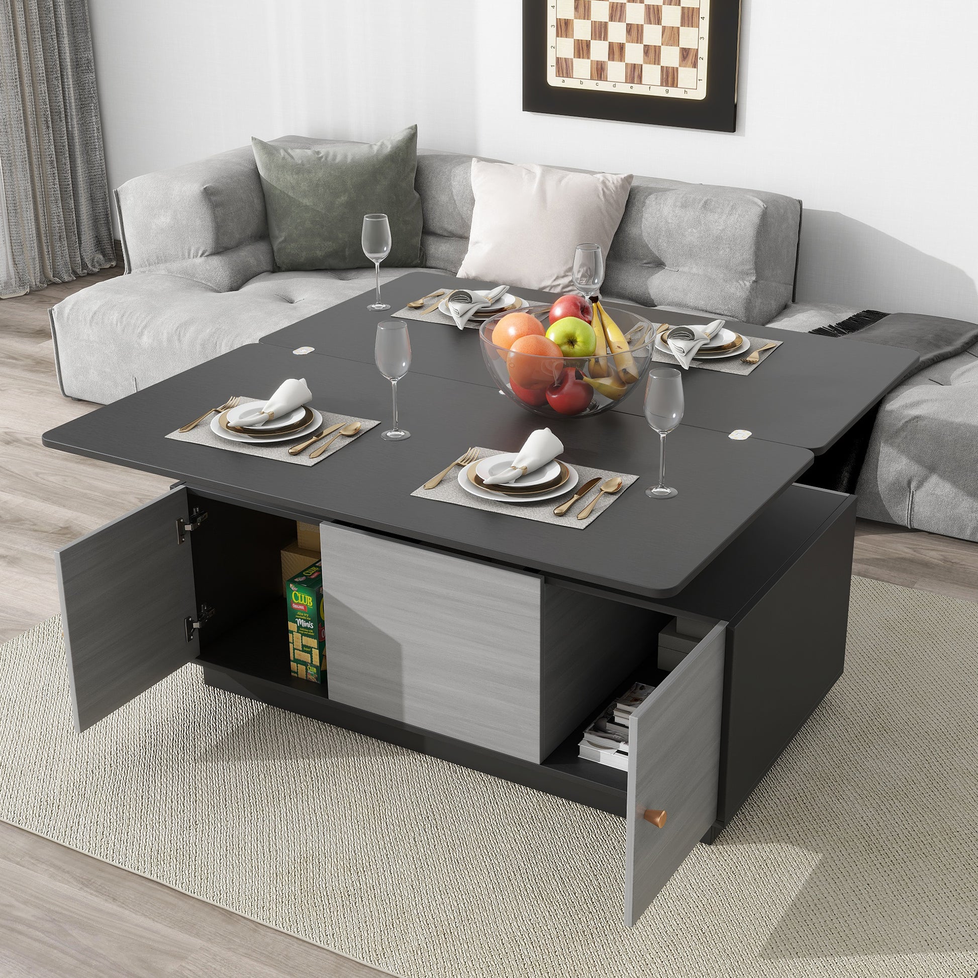 Modern Gray Multi Functional Rectangle Lift Top Coffee Table Extendable With Storage Dark Gray Mdf