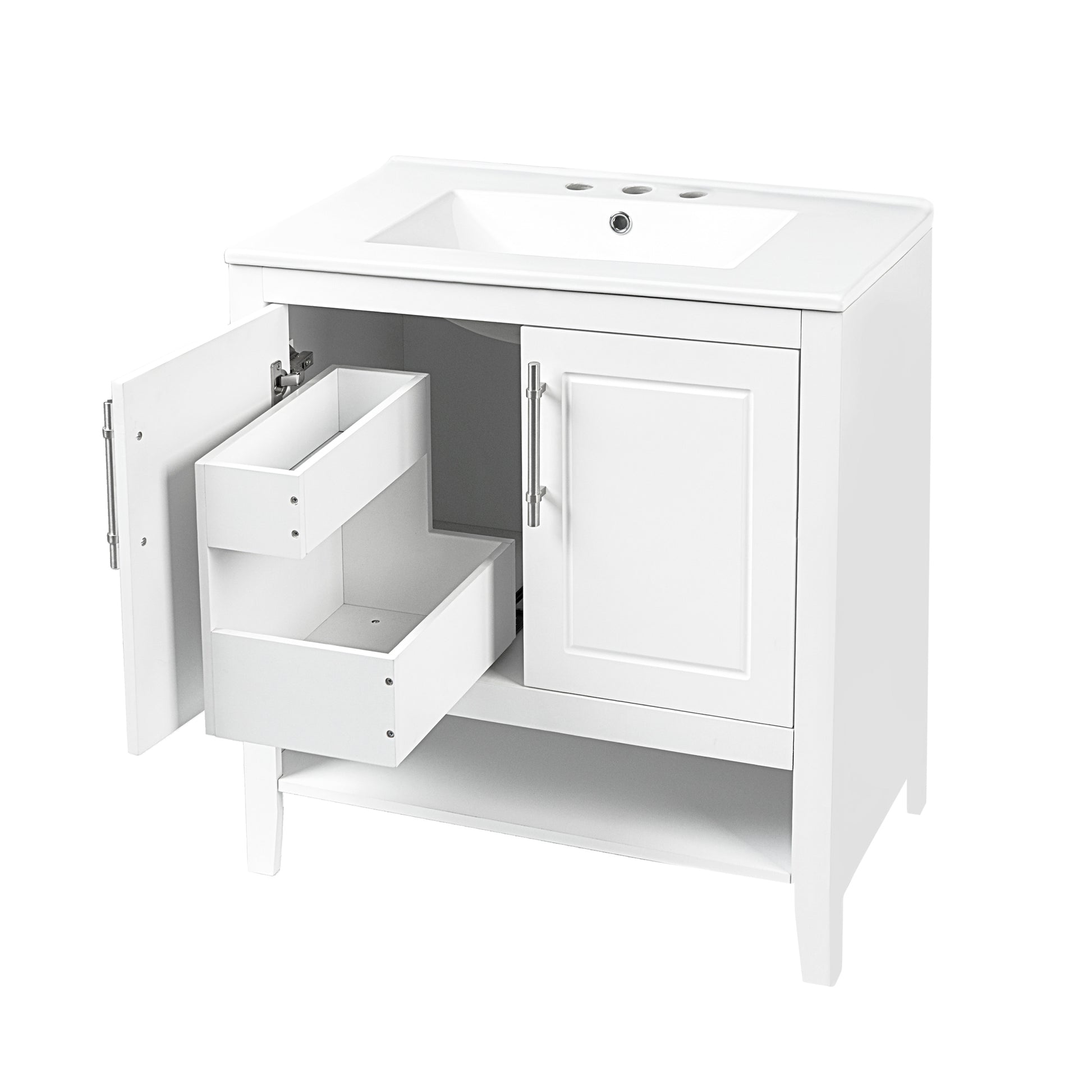 30" Bathroom Vanity With Sink, Multi Functional Bathroom Cabinet With Doors And Drawers, Solid Frame And Mdf Board, White White Solid Wood Mdf