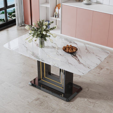 Dining Table. White Imitation Marble Pattern Desktop. Black Mdf Table Legs With Gold Lines And Black Base. Suitable For Kitchen Living Roomf Sq White Glass