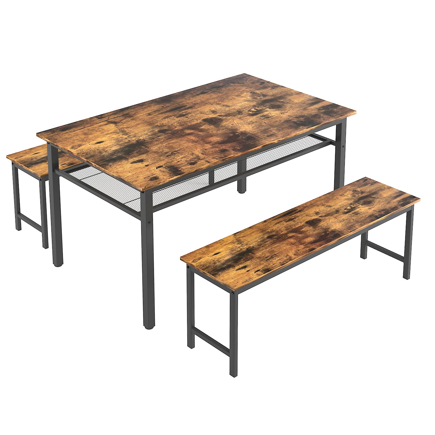 3 Pieces Farmhouse Kitchen Table Set With Two Benches, Metal Frame And Mdf Board Brown Mdf