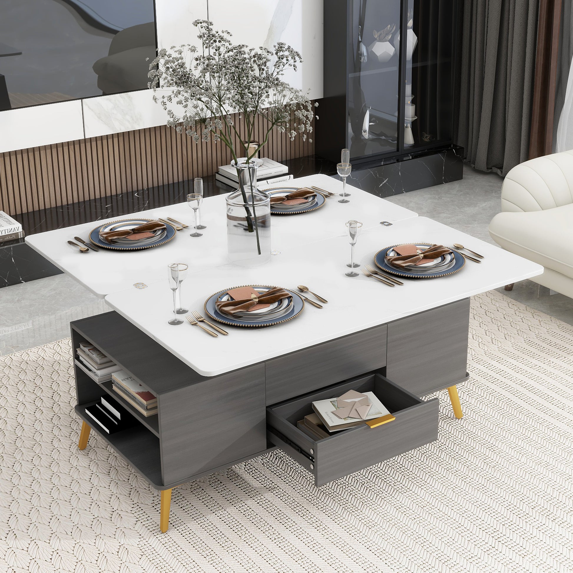 Modern Lift Top Coffee Table Multi Functional Table white+gray-mdf+steel