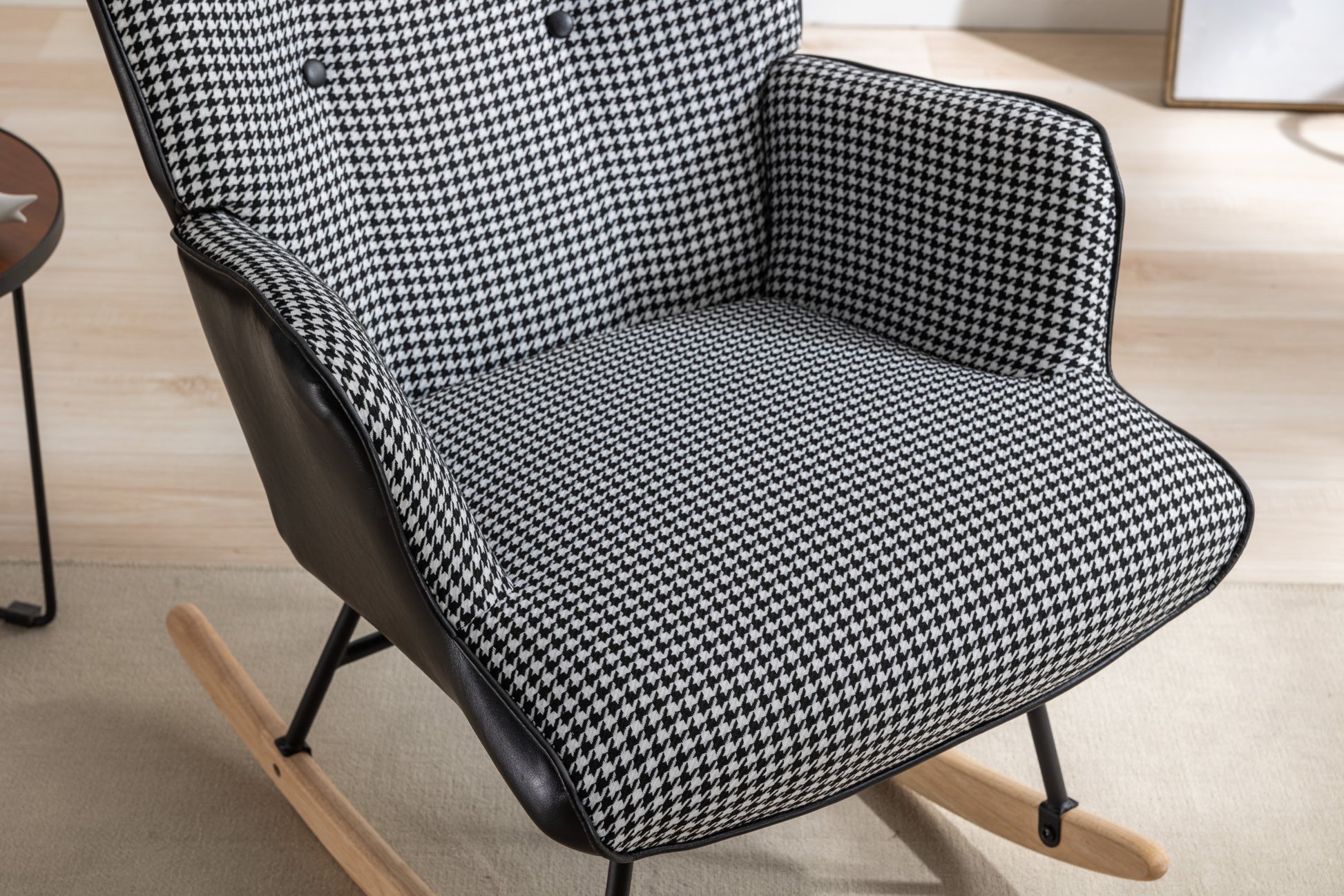 35.5 Inch Rocking Chair With Footrest, Soft Houndstooth Fabric Leather Fabric Rocking Chair For Nursery, Comfy Wingback Glider Rocker With Safe Solid Wood Base For Living Room Bedroom Balcony Black Black White Casual Foam Cotton Linen