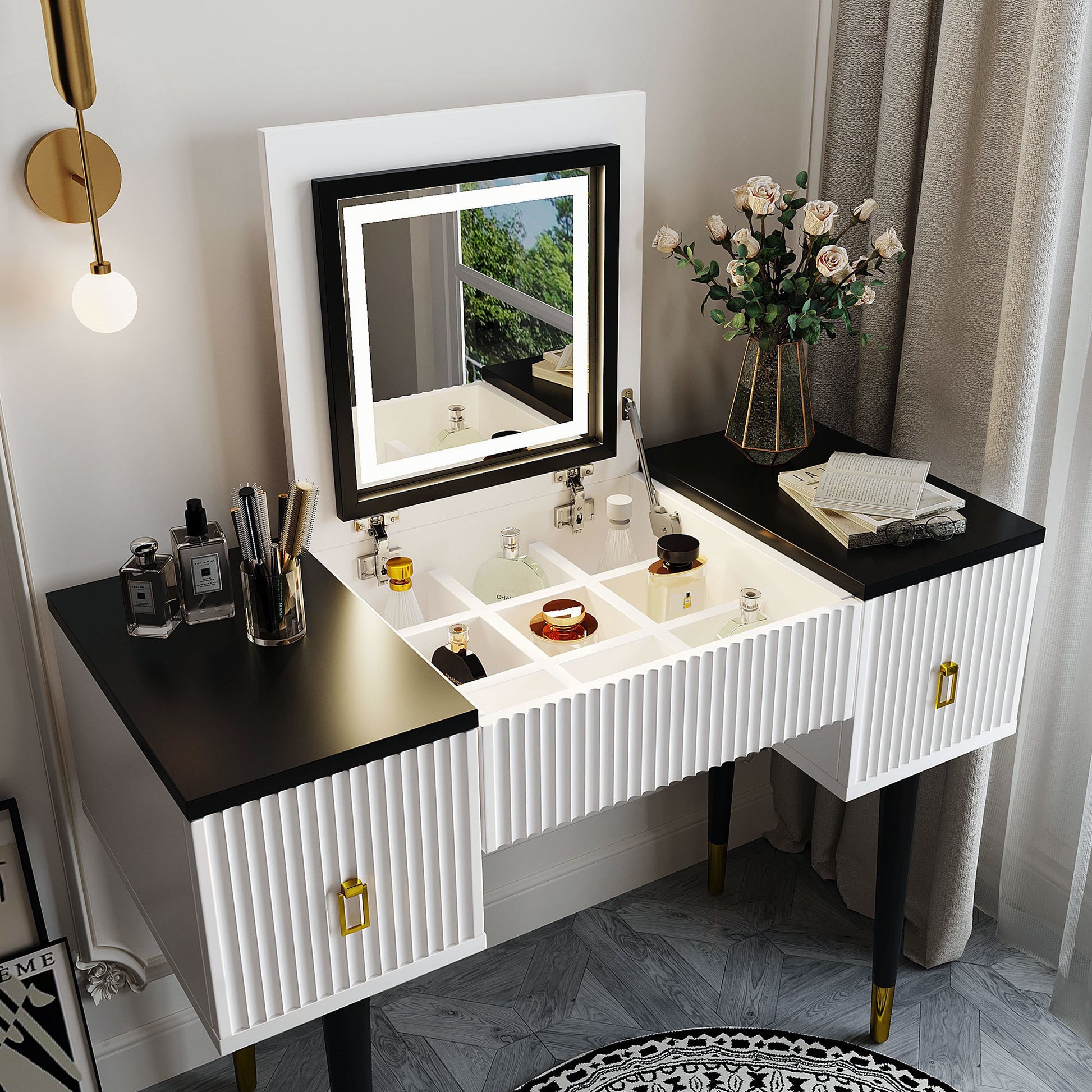 43.3" Modern Vanity Table Set With Flip Top Mirror And Led Light, Dres 43.3" Modern Vanity Table Set With Flip Top Mirror And Led Light, Dres