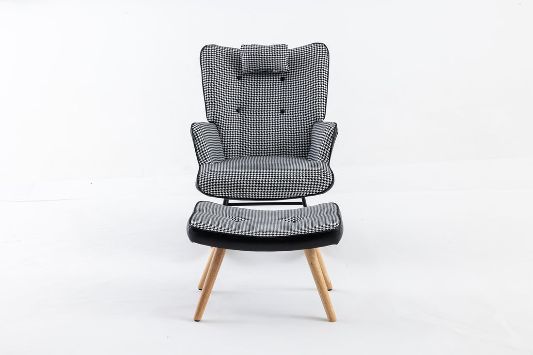 35.5 Inch Rocking Chair With Footrest, Soft Houndstooth Fabric Leather Fabric Rocking Chair For Nursery, Comfy Wingback Glider Rocker With Safe Solid Wood Base For Living Room Bedroom Balcony Black Black White Casual Foam Cotton Linen