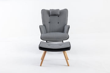 35.5 Inch Rocking Chair With Footrest, Soft Houndstooth Fabric Leather Fabric Rocking Chair For Nursery, Comfy Wingback Glider Rocker With Safe Solid Wood Base For Living Room Bedroom Balcony Black Black White Casual Foam Cotton Linen