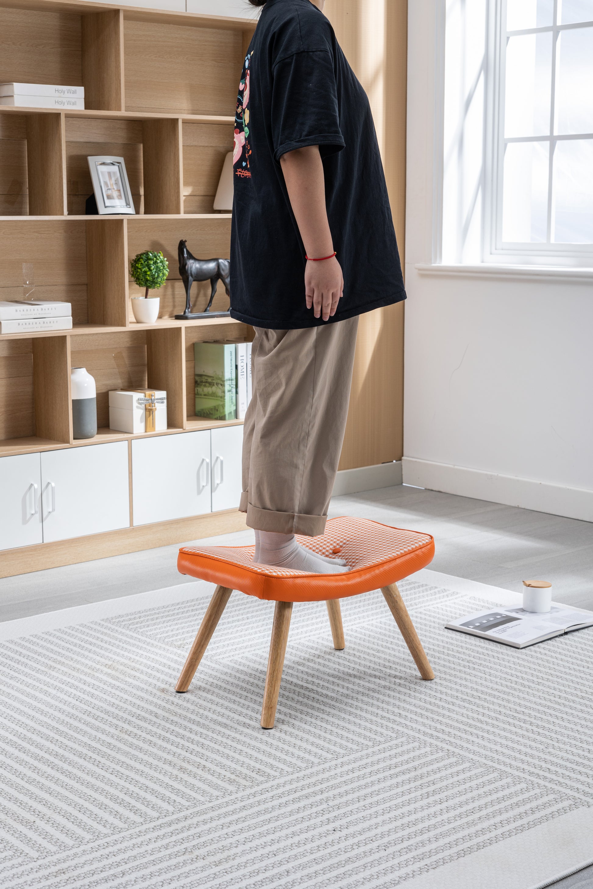 Wooden Step Ottoman,Wooden Step Stool For Adults,Square Cushion Foot Stool,Small Stool With Non Slip Pad,Wood Stool Suitable For Bedroom, Living Room And Kitchen Orange Orange Foam Cotton Linen