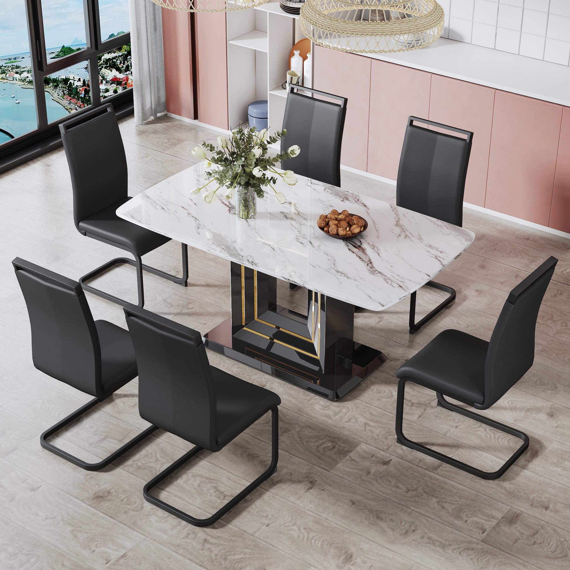 Dining Table. White Imitation Marble Pattern Desktop. Black Mdf Table Legs With Gold Lines And Black Base. Suitable For Kitchen Living Roomf Sq White Glass