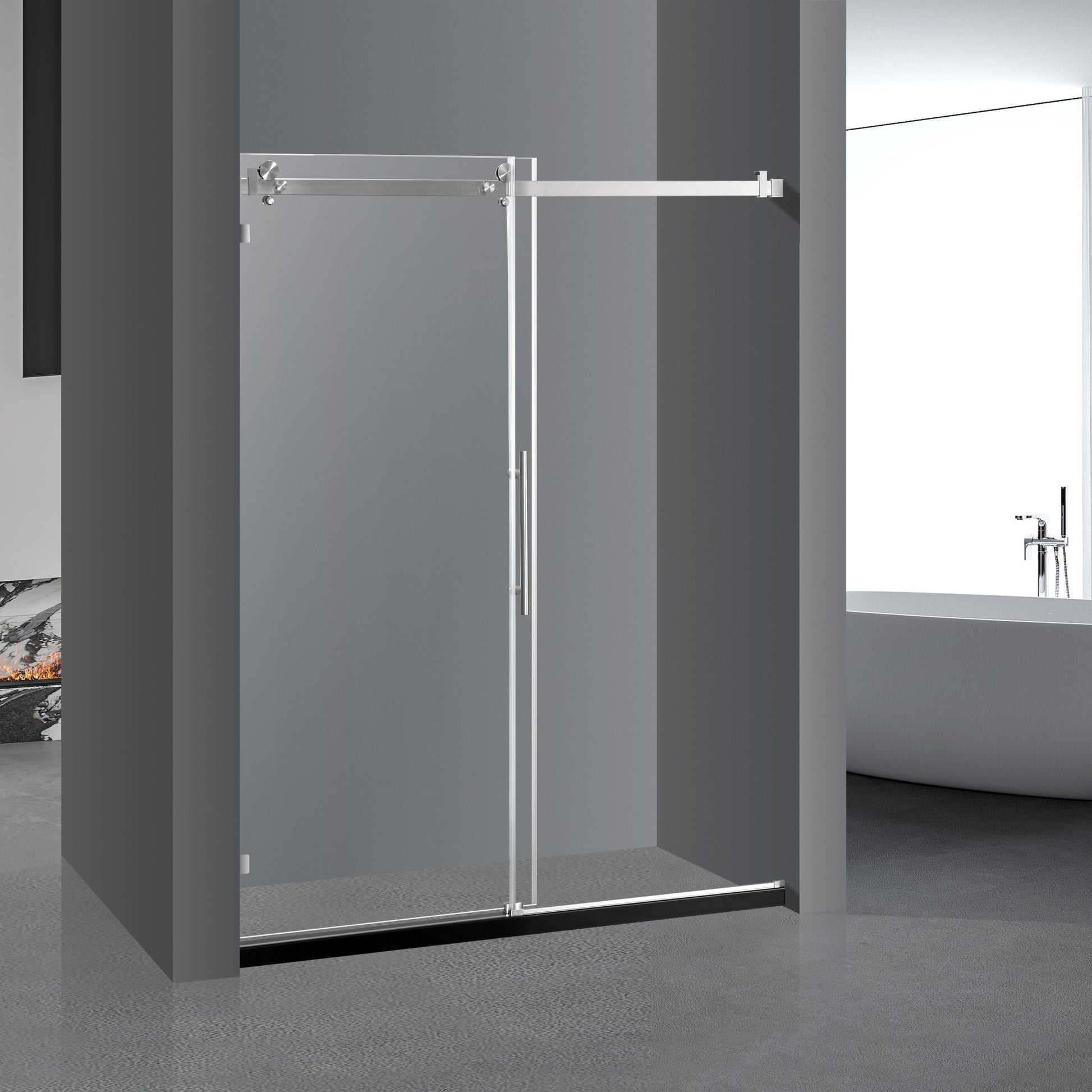 Frameless Sliding Glass Shower Doors 60" Width X 76"Height With 3 8" 10Mm Clear Tempered Glass, Brushed Nickel Finish, Big Rollers, Square Rail, Self Cleaning Coating On Both Sides Brushed Nickel Bathroom American Design Stainless Steel Tempered Glass