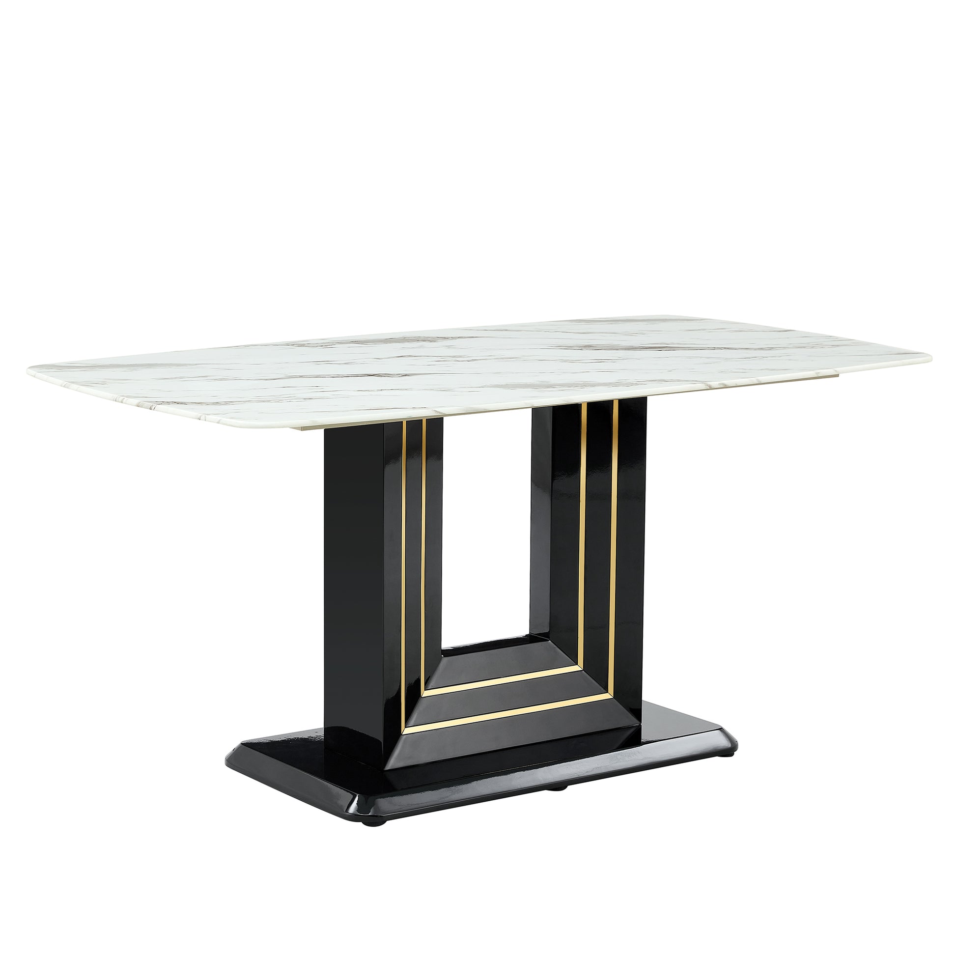 Dining Table. White Imitation Marble Pattern Desktop. Black Mdf Table Legs With Gold Lines And Black Base. Suitable For Kitchen Living Roomf Sq White Glass