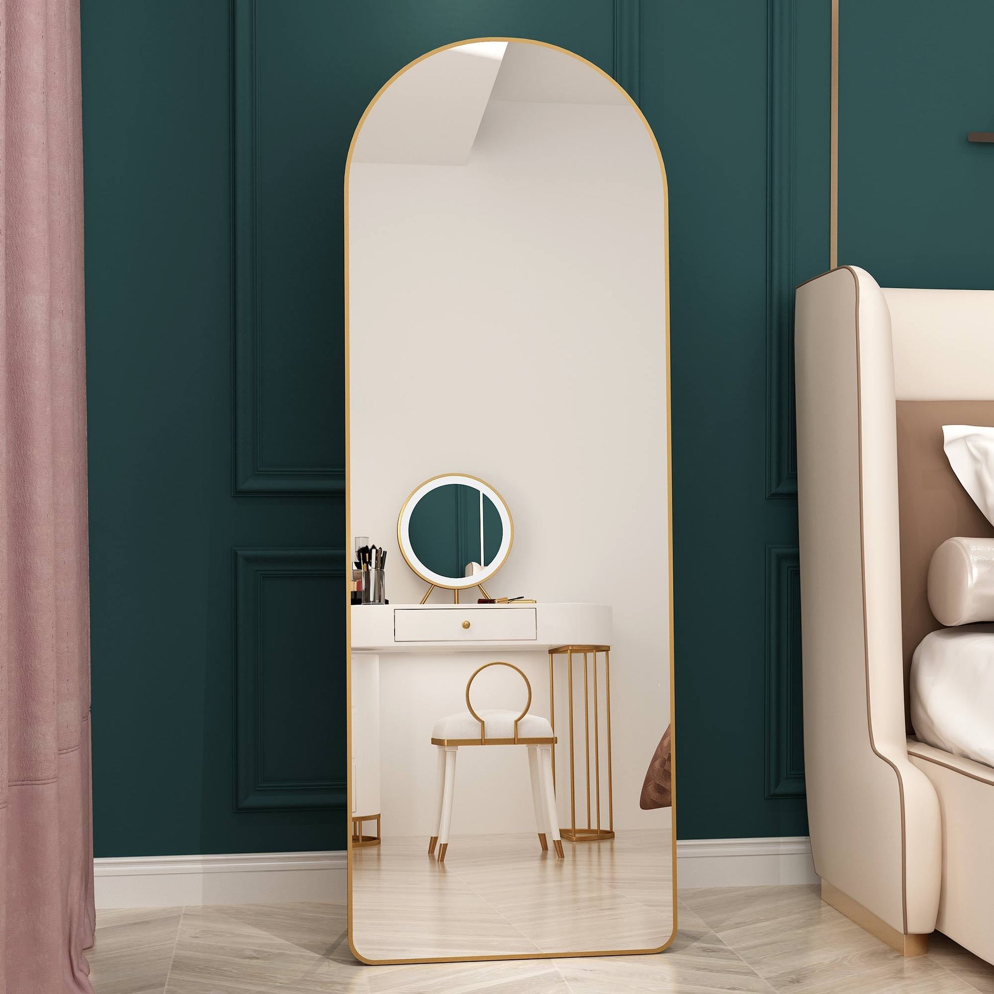 The 3Rd Generation Aluminum Alloy Metal Frame Arched Floor Mounted Wall Mirror, Upgraded In Quality, Bathroom Makeup Mirror, Bedroom Entrance, Clothing Store, Gold 65 "* 23 "W1151121956 Golden Glass