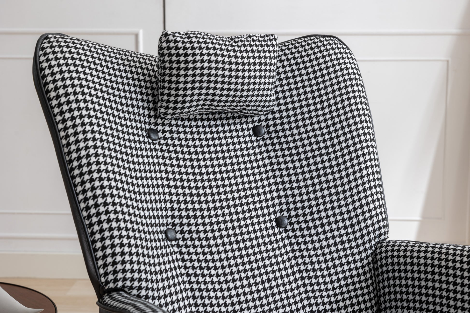 35.5 Inch Rocking Chair With Footrest, Soft Houndstooth Fabric Leather Fabric Rocking Chair For Nursery, Comfy Wingback Glider Rocker With Safe Solid Wood Base For Living Room Bedroom Balcony Black Black White Casual Foam Cotton Linen