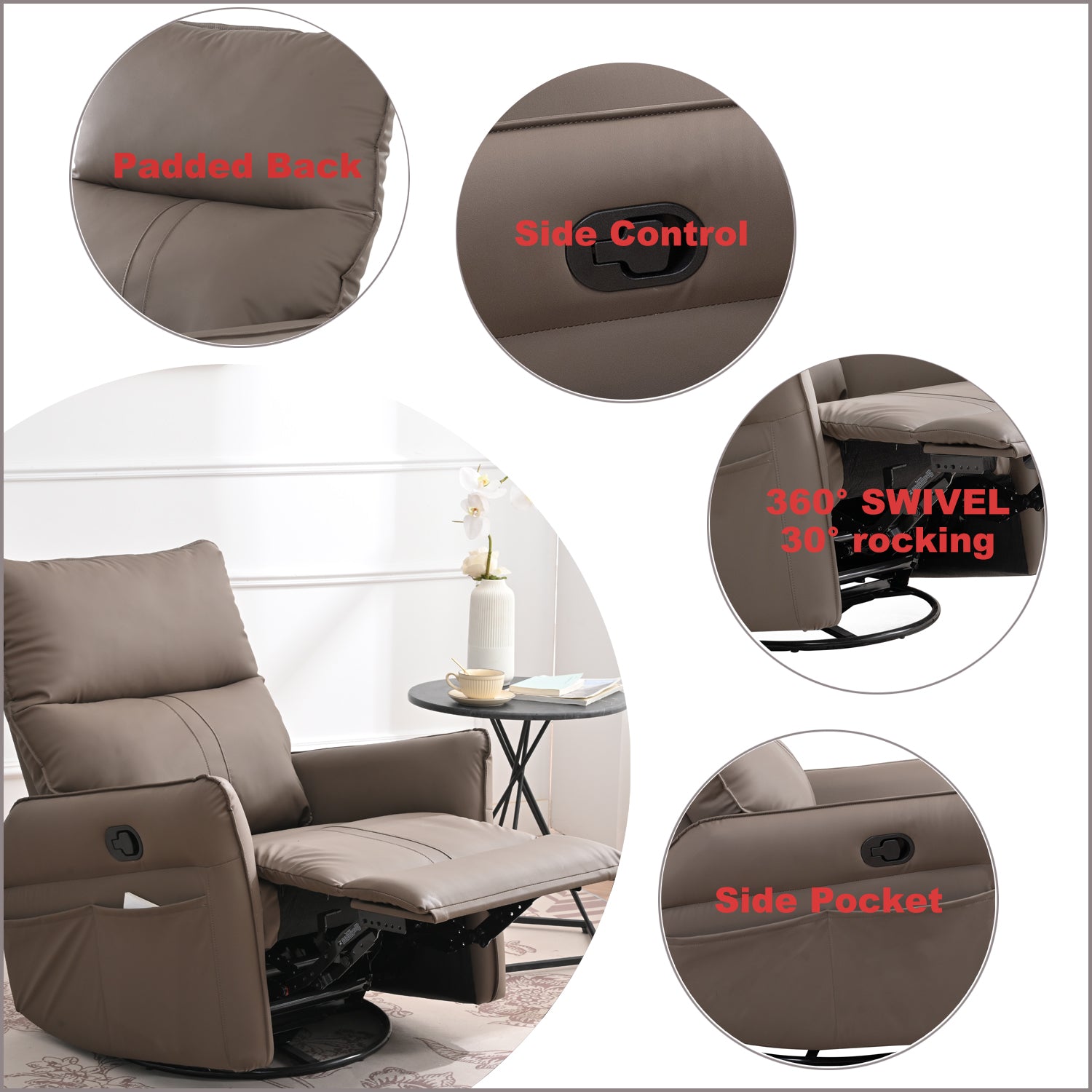Rocking Recliner Chair,360 Degree Swivel Nursery Rocking Chair,Glider Chair,Modern Small Rocking Swivel Recliner Chair For Bedroom,Living Room Chair Home Theater Seat,Side Pocket Brown Solid Brown