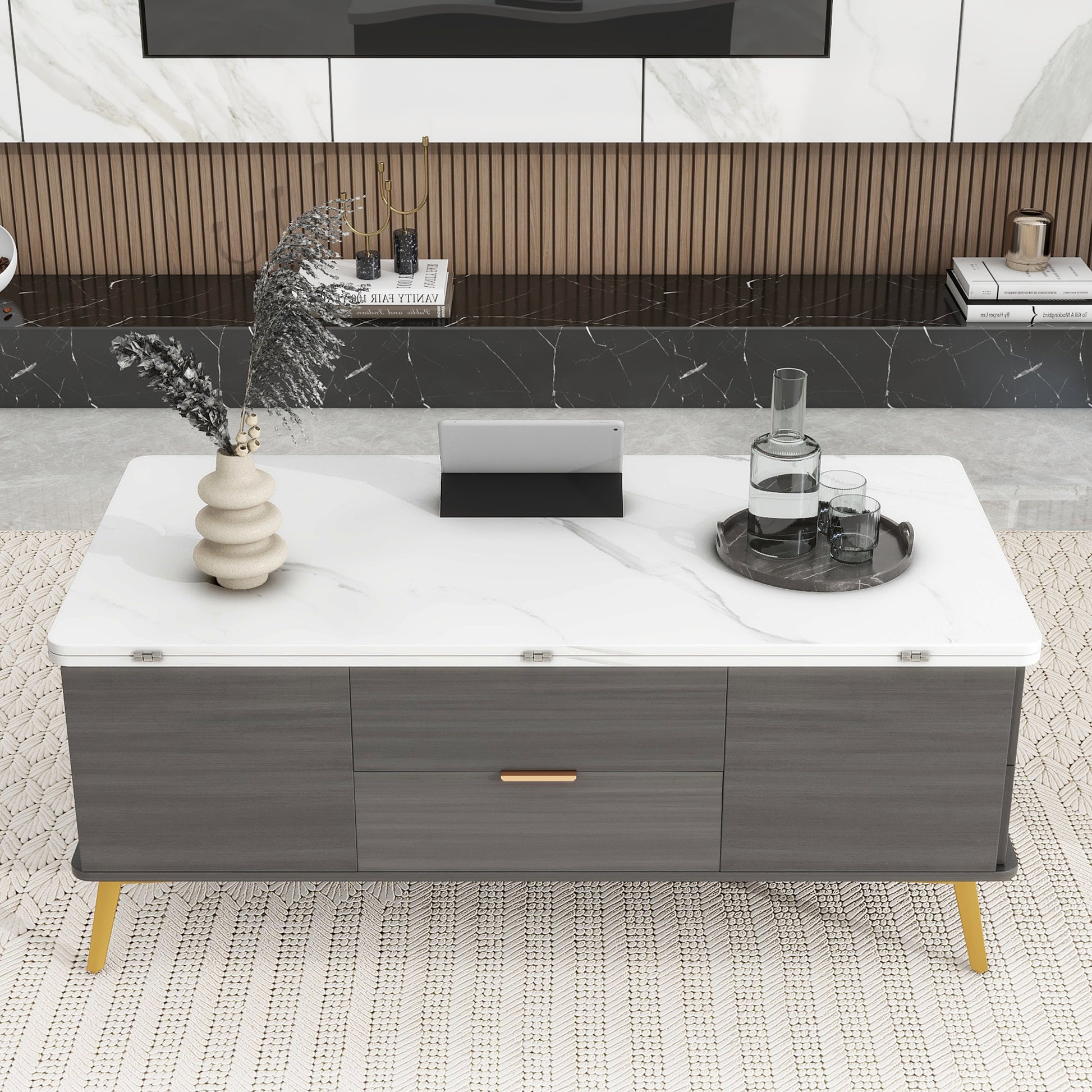 Modern Lift Top Coffee Table Multi Functional Table With Drawers In Gray & White White Gray Mdf Steel