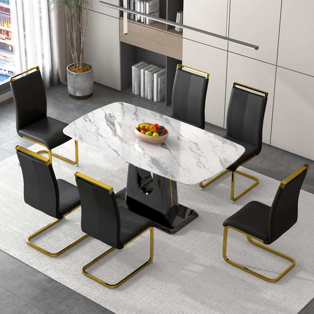 1 Table And 6 Chairs. Modern, Simple And Luxurious White Imitation Marble Rectangular Dining Table And Desk With 6 Black Pu Gold Plated Leg Chairs 63'' X 35.4'' X 30'' White Black Mdf