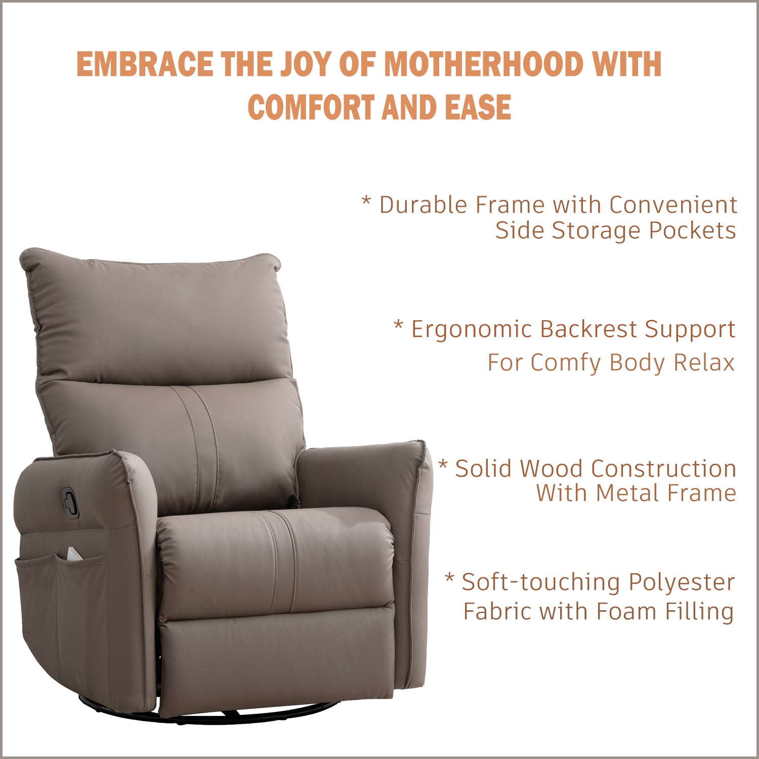 Rocking Recliner Chair,360 Degree Swivel Nursery Rocking Chair,Glider Chair,Modern Small Rocking Swivel Recliner Chair For Bedroom,Living Room Chair Home Theater Seat,Side Pocket Brown Solid Brown
