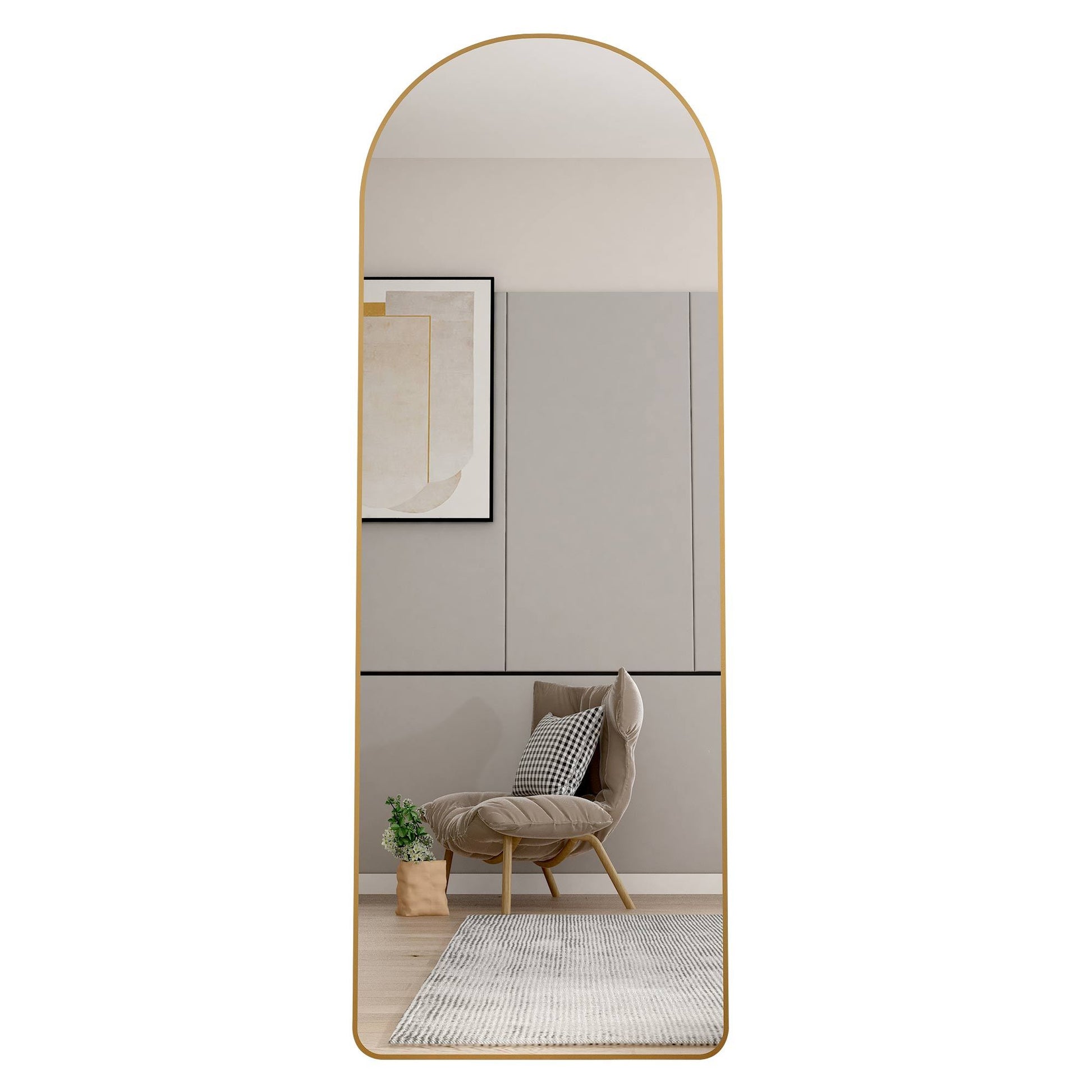 The 3Rd Generation Aluminum Alloy Metal Frame Arched Floor Mounted Wall Mirror, Upgraded In Quality, Bathroom Makeup Mirror, Bedroom Entrance, Clothing Store, Gold 65 "* 23 "W1151121956 Golden Glass