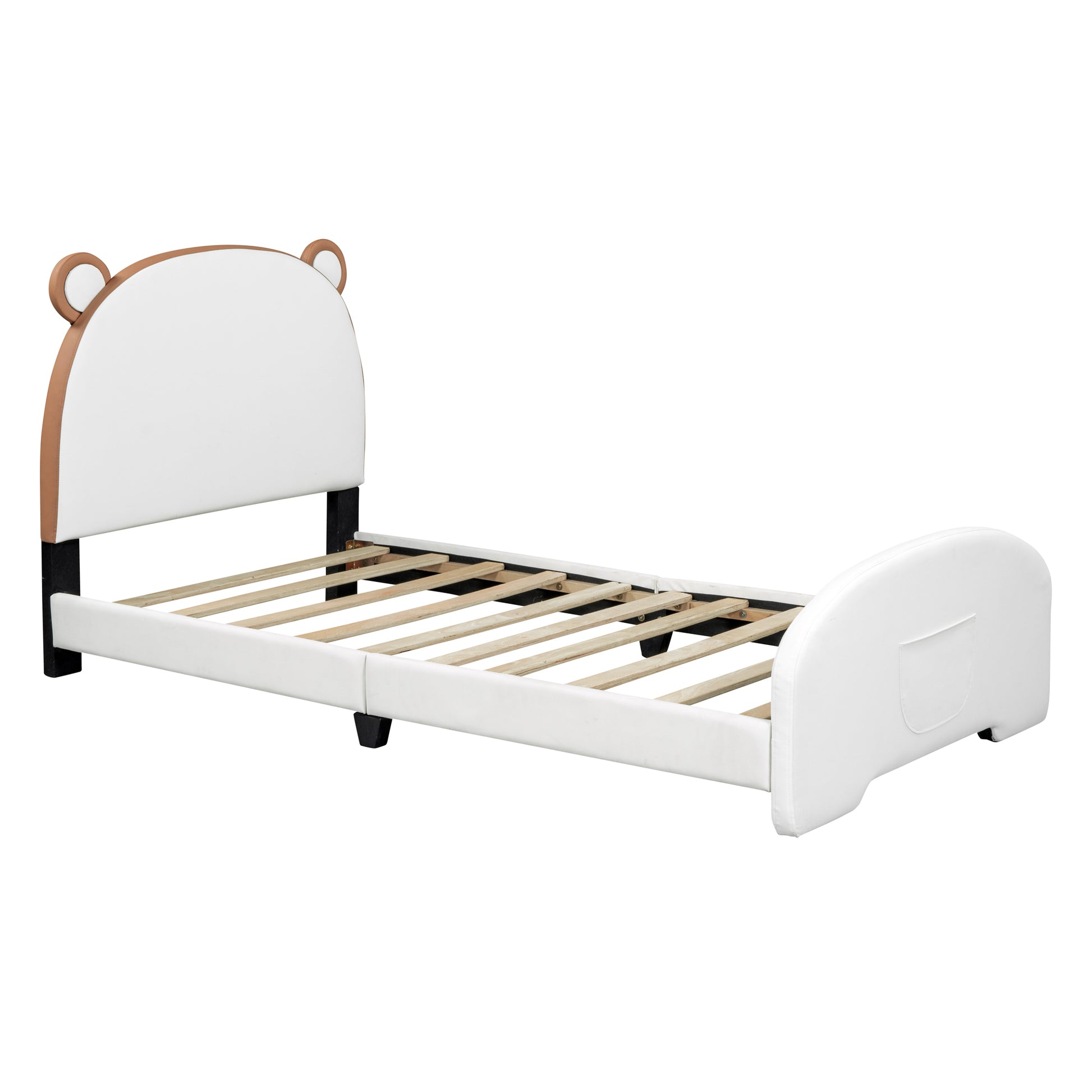 Twin Size Upholstered Platform Bed With Bear Shaped Headboard And Footboard,White Brown White Pu