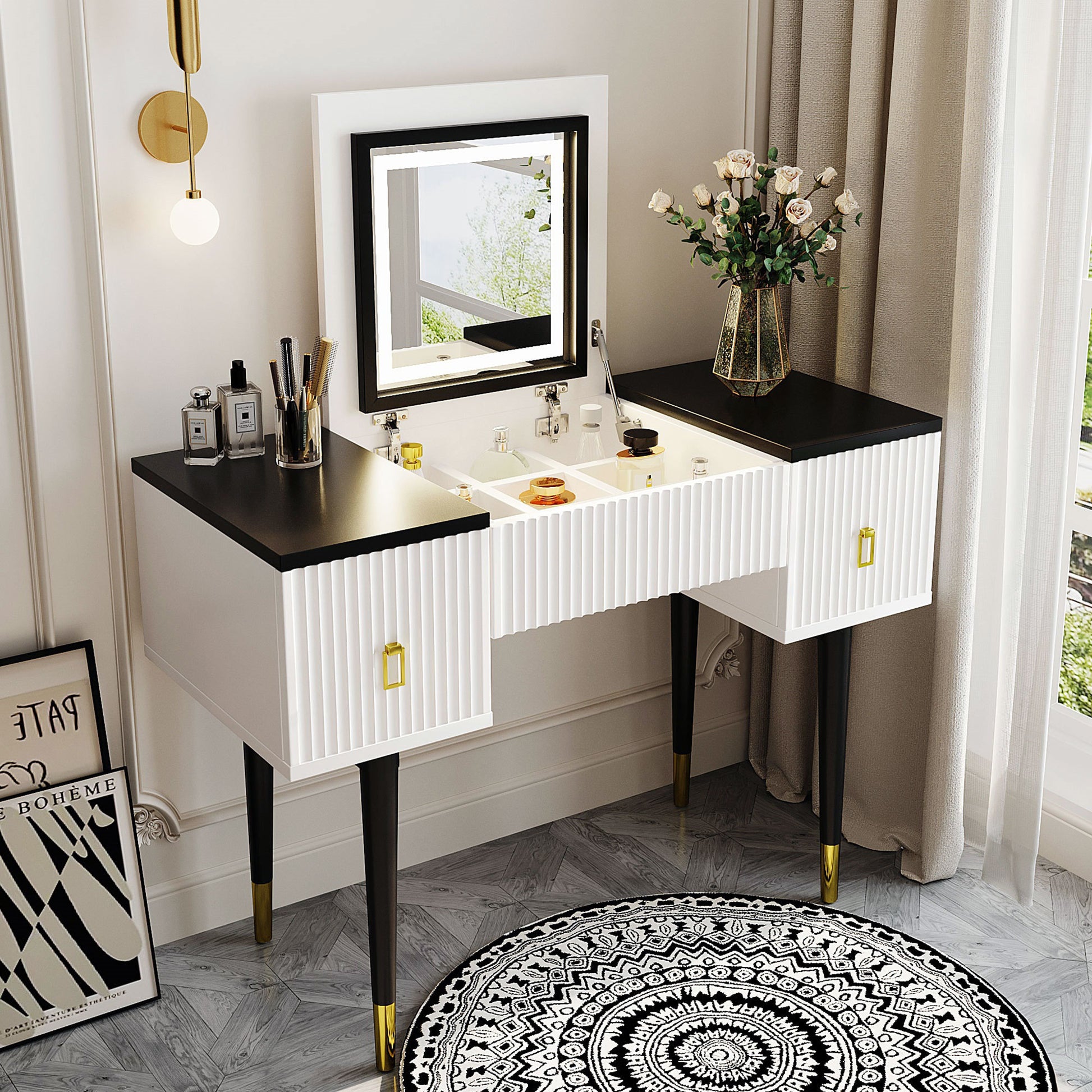 43.3" Modern Vanity Table Set With Flip Top Mirror And Led Light, Dressing Table With Customizable Storage, White And Black Black White Drawer 2 ... 43.3" Modern Vanity Table Set With Flip Top Mirror And Led Light, Dressing Table With Customizable Storage, White And Black Black White Drawer 2 ...