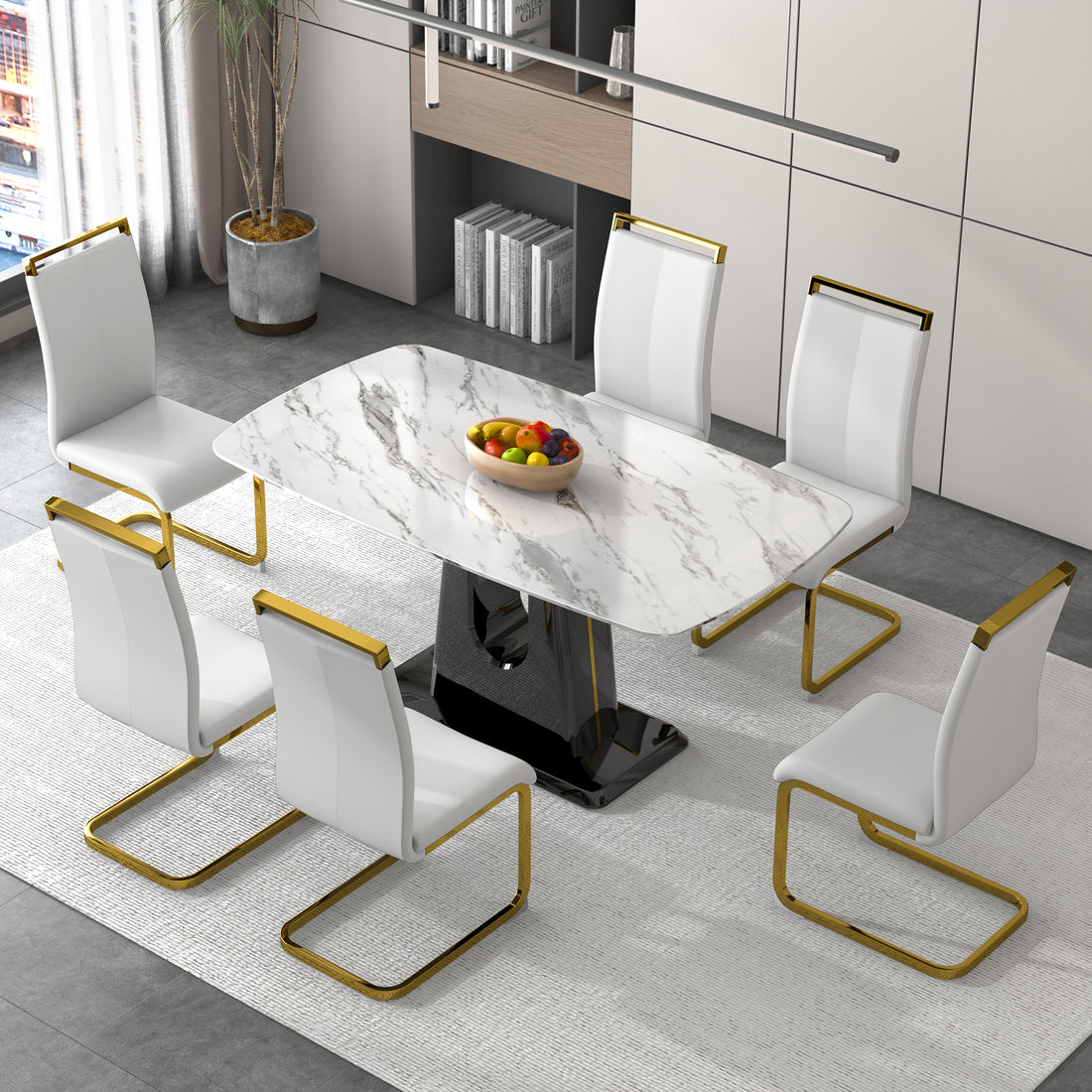 1 Table And 6 Chairs. Modern, Simple And Luxurious White Imitation Marble Rectangular Dining Table And Desk With 6 White Pu Gold Plated Leg Chairs 63'' X 35.4'' X 30'' White Black Mdf
