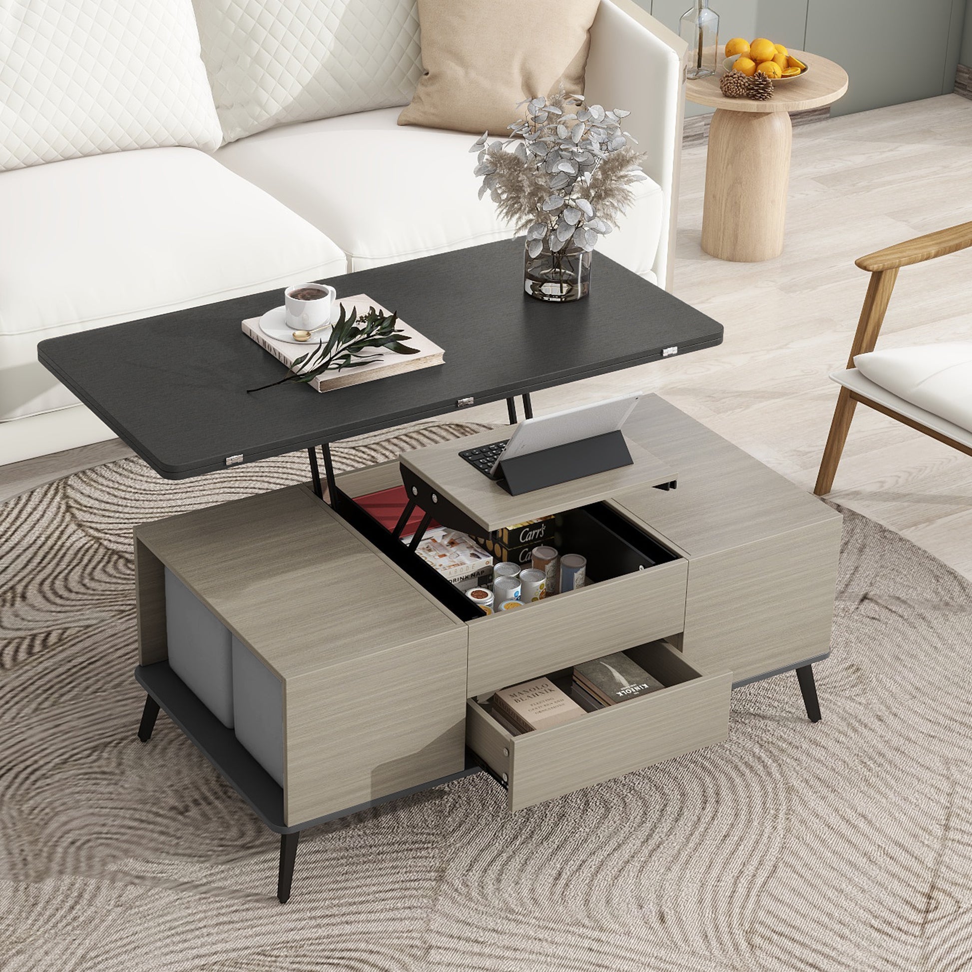 5 Pieces Lift Top Coffee Table Set With Storage Convertible Dining Table With Ottomans Dark Gray Fabric Mdf