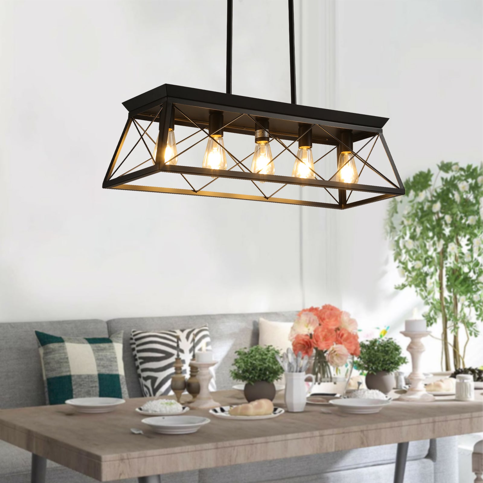 Same As W1340P206629 L001001 L800 P5B 5 Light Farmhouse Chandeliers For Dining Room, Metal Rustic Pendant Island Light Fixture, Modern Rectangular Island Lights No Bulbs Black Ceiling Lights Farmhouse Living Room Iron