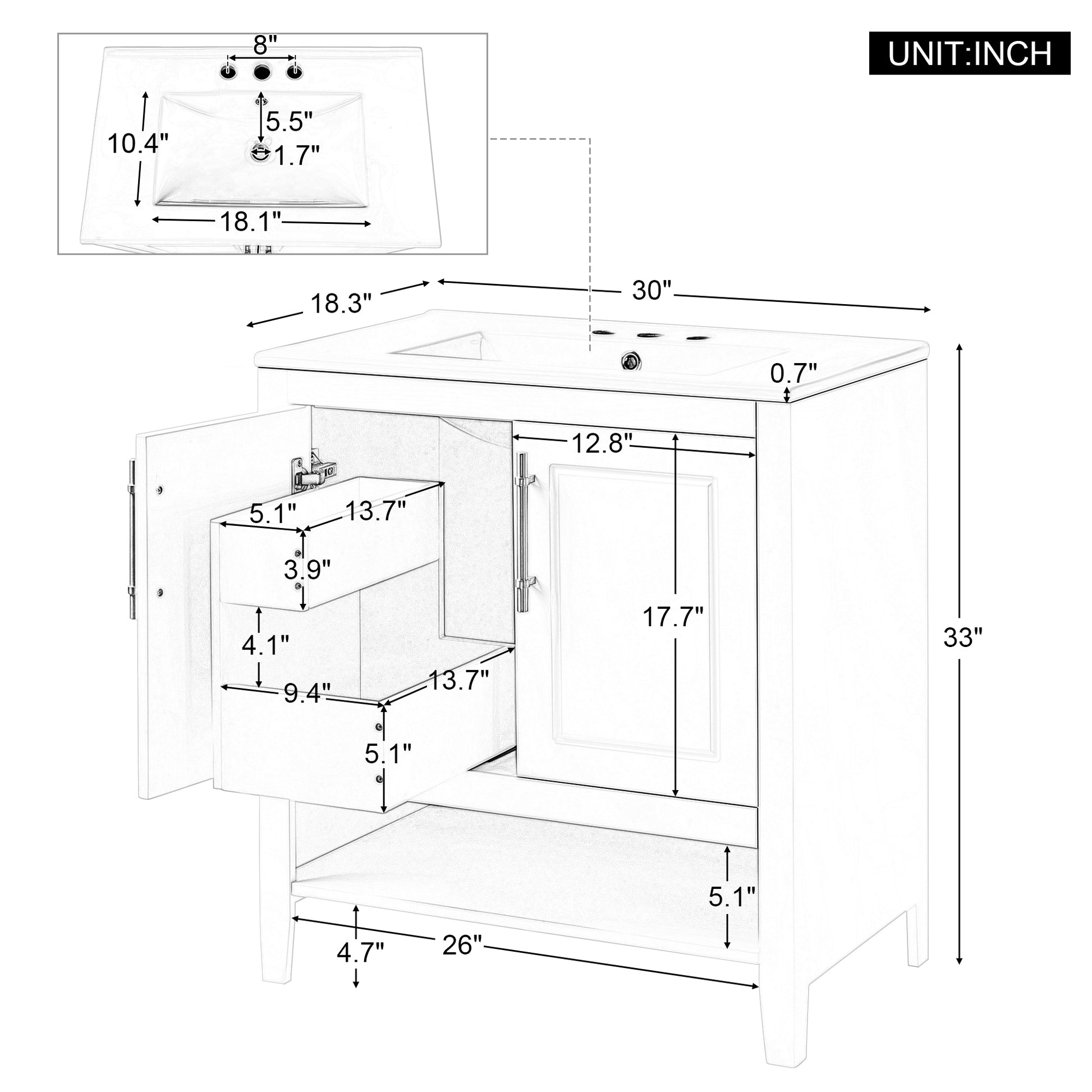 30" Bathroom Vanity With Sink, Multi Functional Bathroom Cabinet With Doors And Drawers, Solid Frame And Mdf Board, White White Solid Wood Mdf