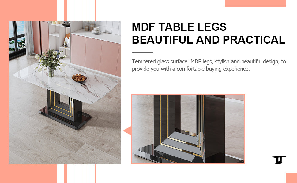 Dining Table. White Imitation Marble Pattern Desktop. Black Mdf Table Legs With Gold Lines And Black Base. Suitable For Kitchen Living Roomf Sq White Glass