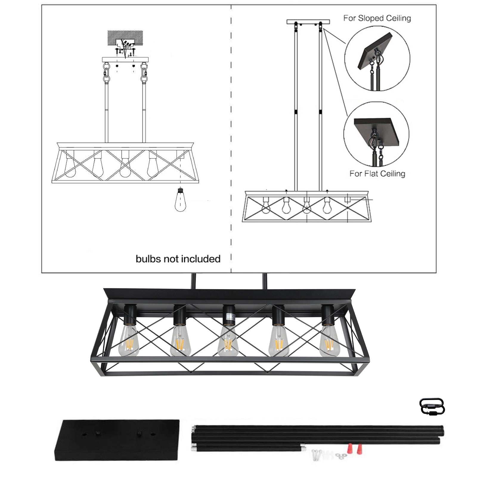 Same As W1340P206629 L001001 L800 P5B 5 Light Farmhouse Chandeliers For Dining Room, Metal Rustic Pendant Island Light Fixture, Modern Rectangular Island Lights No Bulbs Black Ceiling Lights Farmhouse Living Room Iron