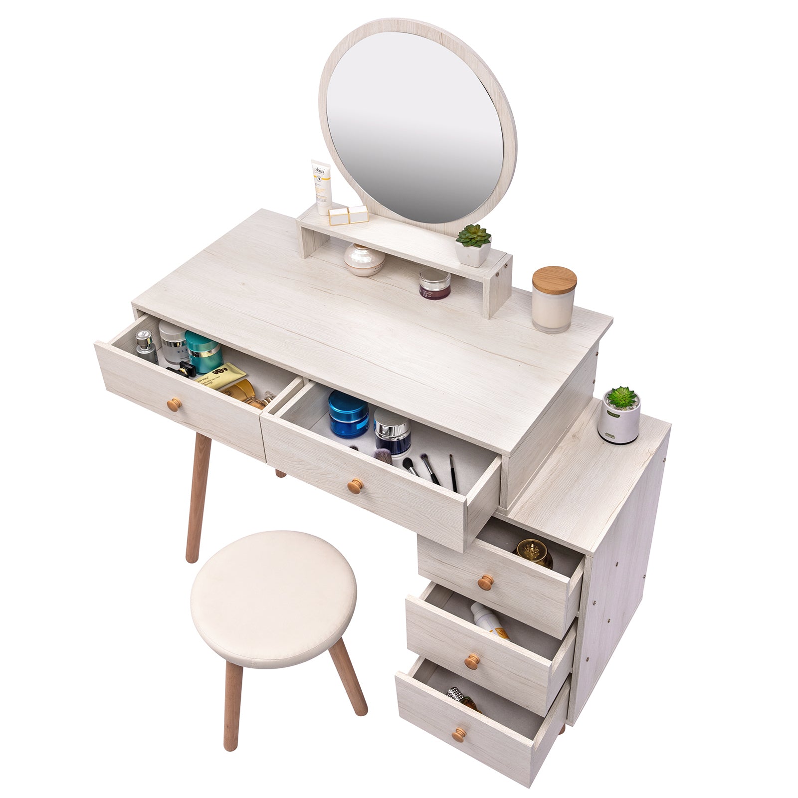 Makeup Vanity Table With Cushioned Stool, Large Capacity Storage Cabinet, 5 Drawers, Large Round Mirror, Fasionable Makeup Furniture 31.5" 43.2"L X 15.8"W X 48.1"H Length Adjustable Ameican White Oak Mdf