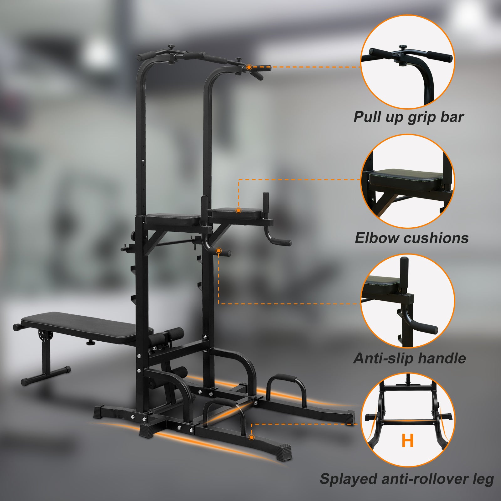 Power Tower With Bench Pull Up Bar Dip Station Adjustable Height Dip Stand Heavy Duty Multi Function Fitness Rack Black Iron