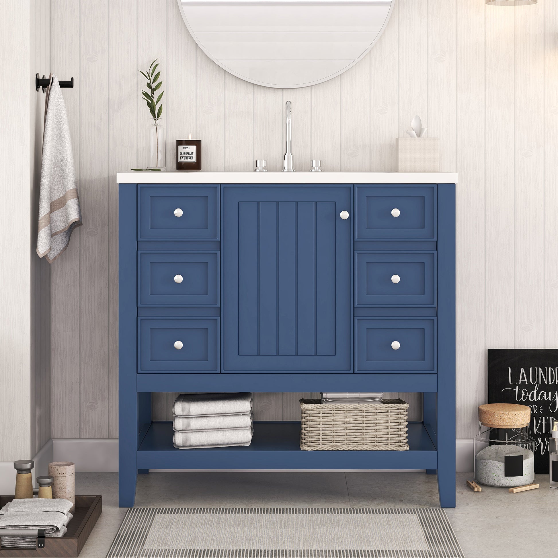 36" Bathroom Vanity With Sink Combo, One Cabinet And Three Drawers, Solid Wood And Mdf Board, Blue Blue Solid Wood Mdf