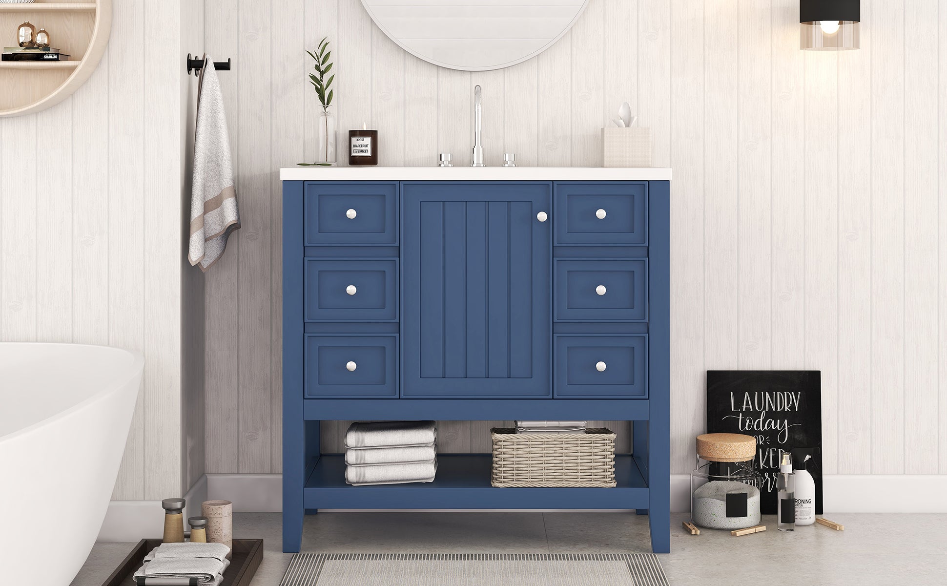 36" Bathroom Vanity With Sink Combo, One Cabinet And Three Drawers, Solid Wood And Mdf Board, Blue Blue Solid Wood Mdf